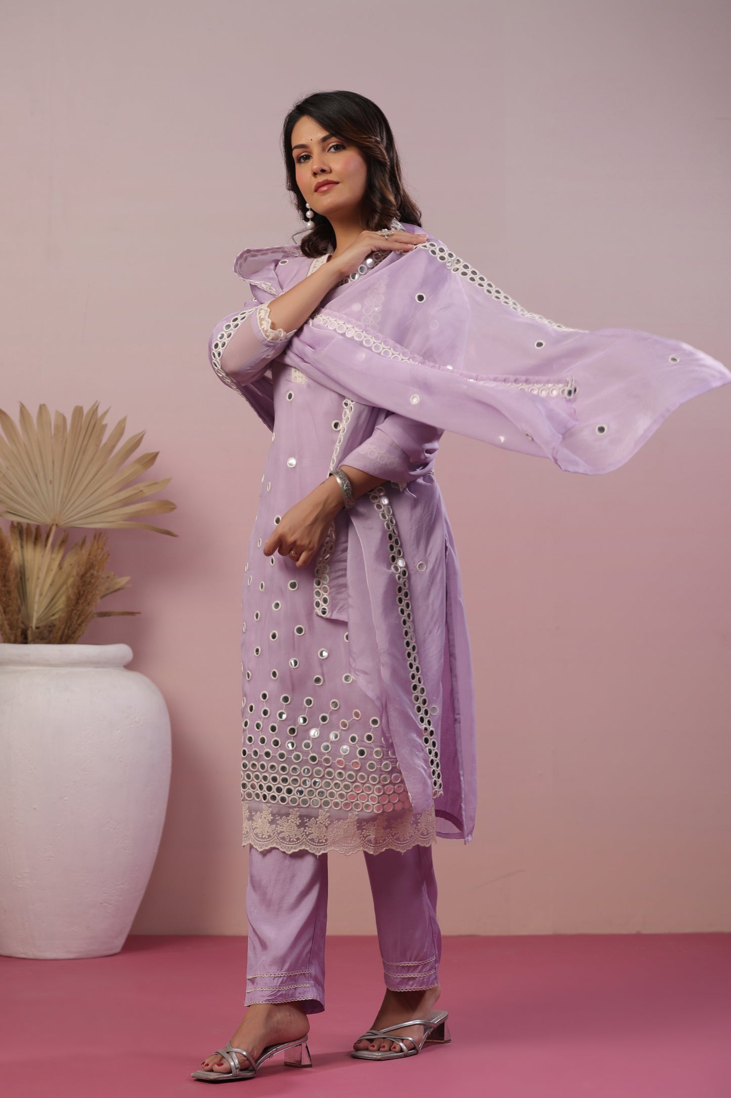Lavender organza suit dup ( foil mirror ) with Santoon pants