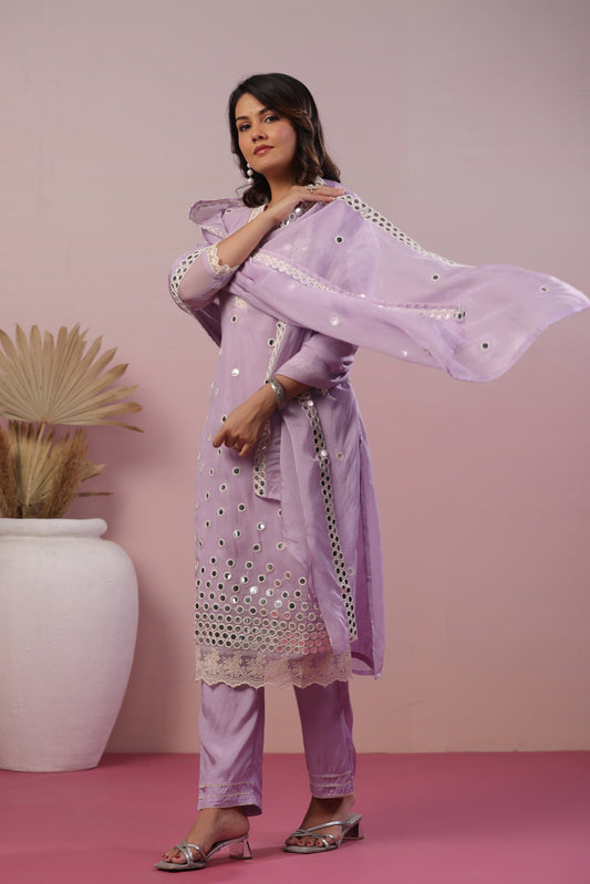 Lavender organza suit dup ( foil mirror ) with Santoon pants