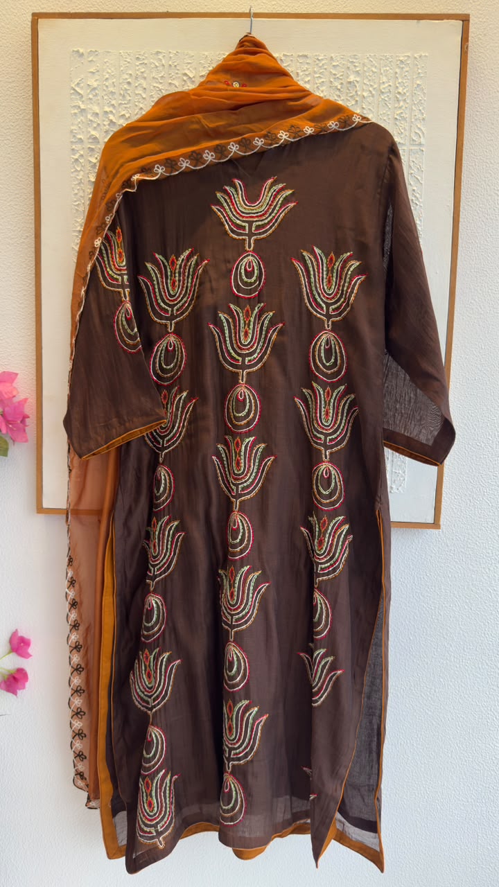 African embroidery mul chandari suit with soft organza dup & cotton silk pants