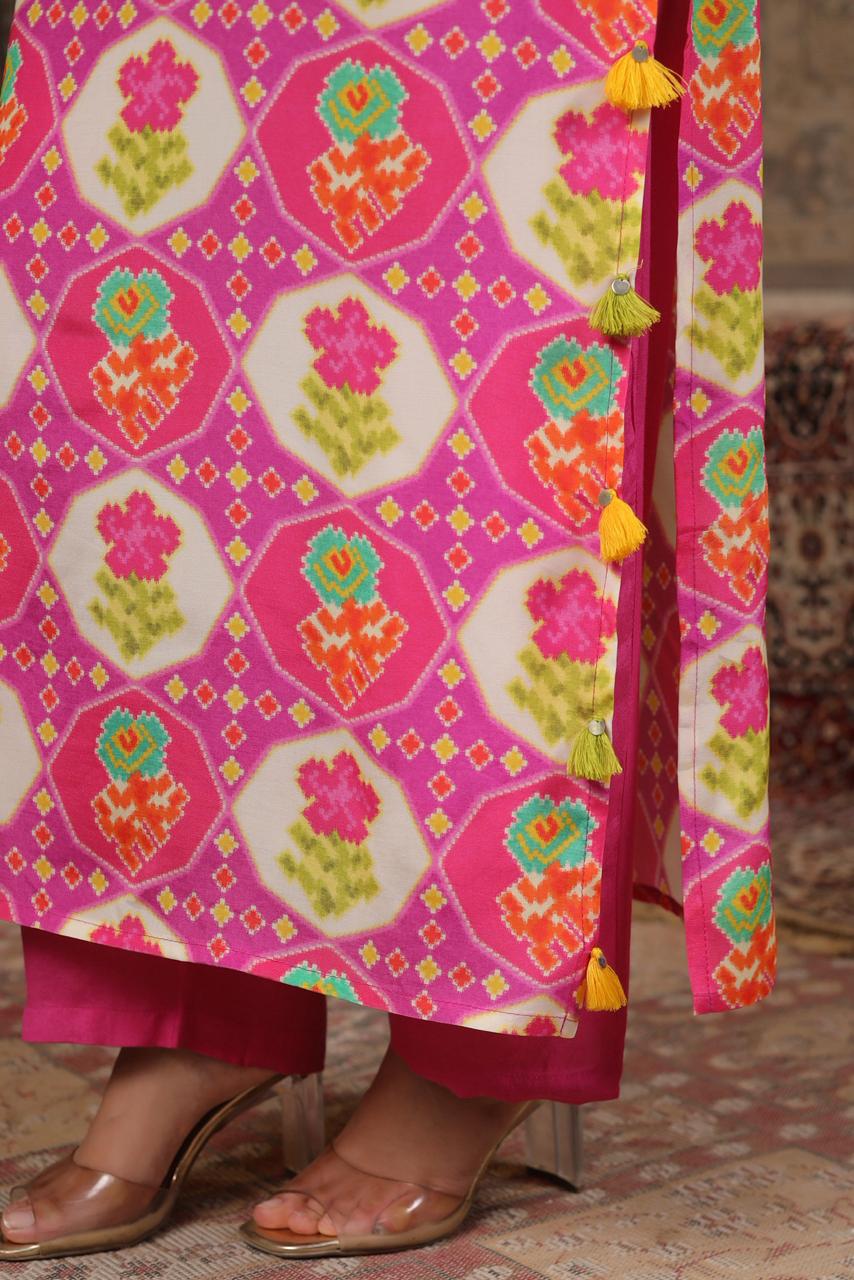 Pink Modal fusion kurta pant with real mirror work