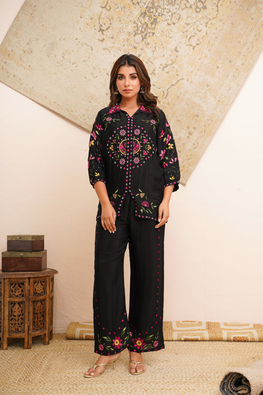 Black embroidery silk co ord set