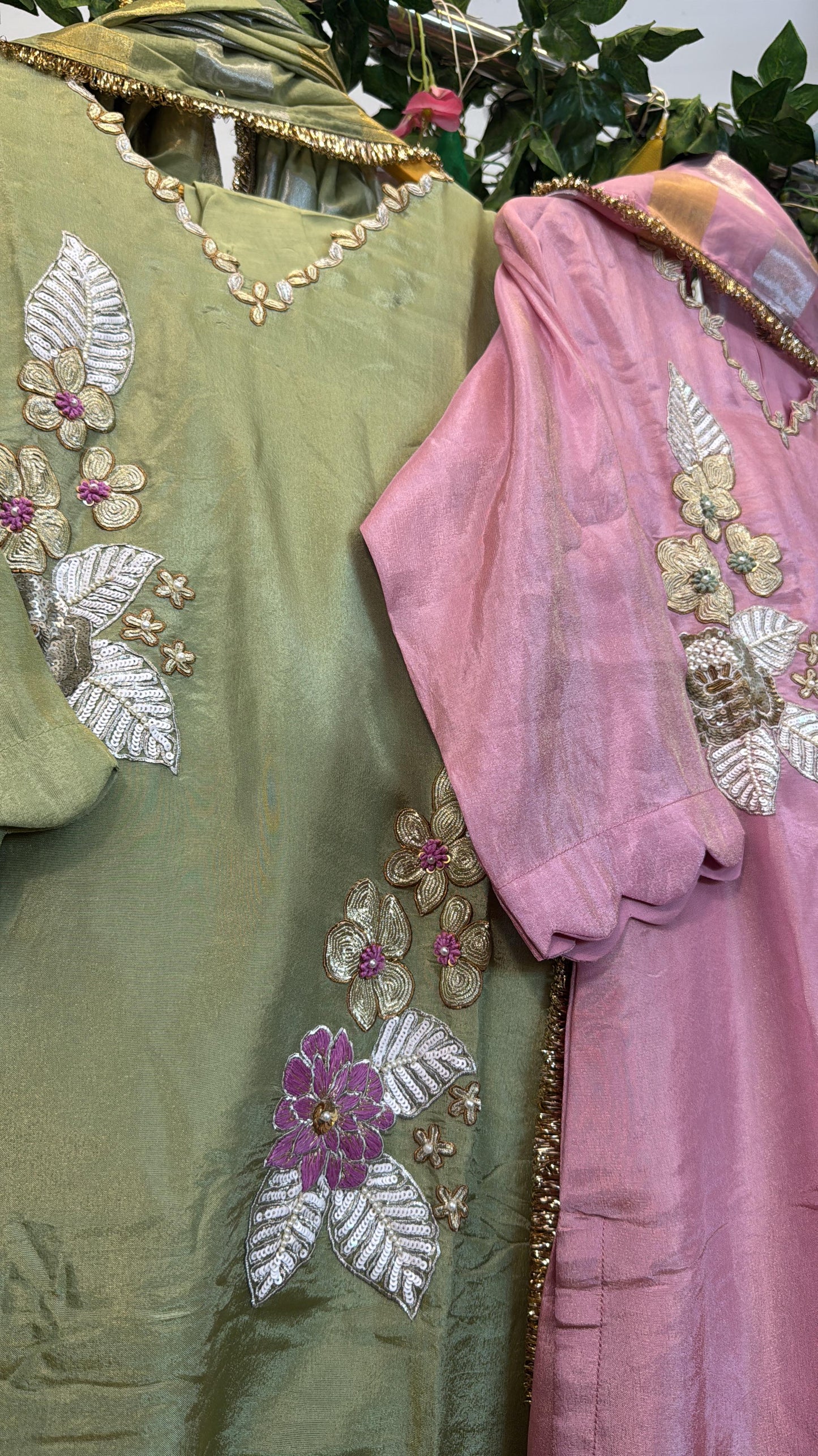 Pastel pinky & greeny Reshma embroidery straight tissue suit