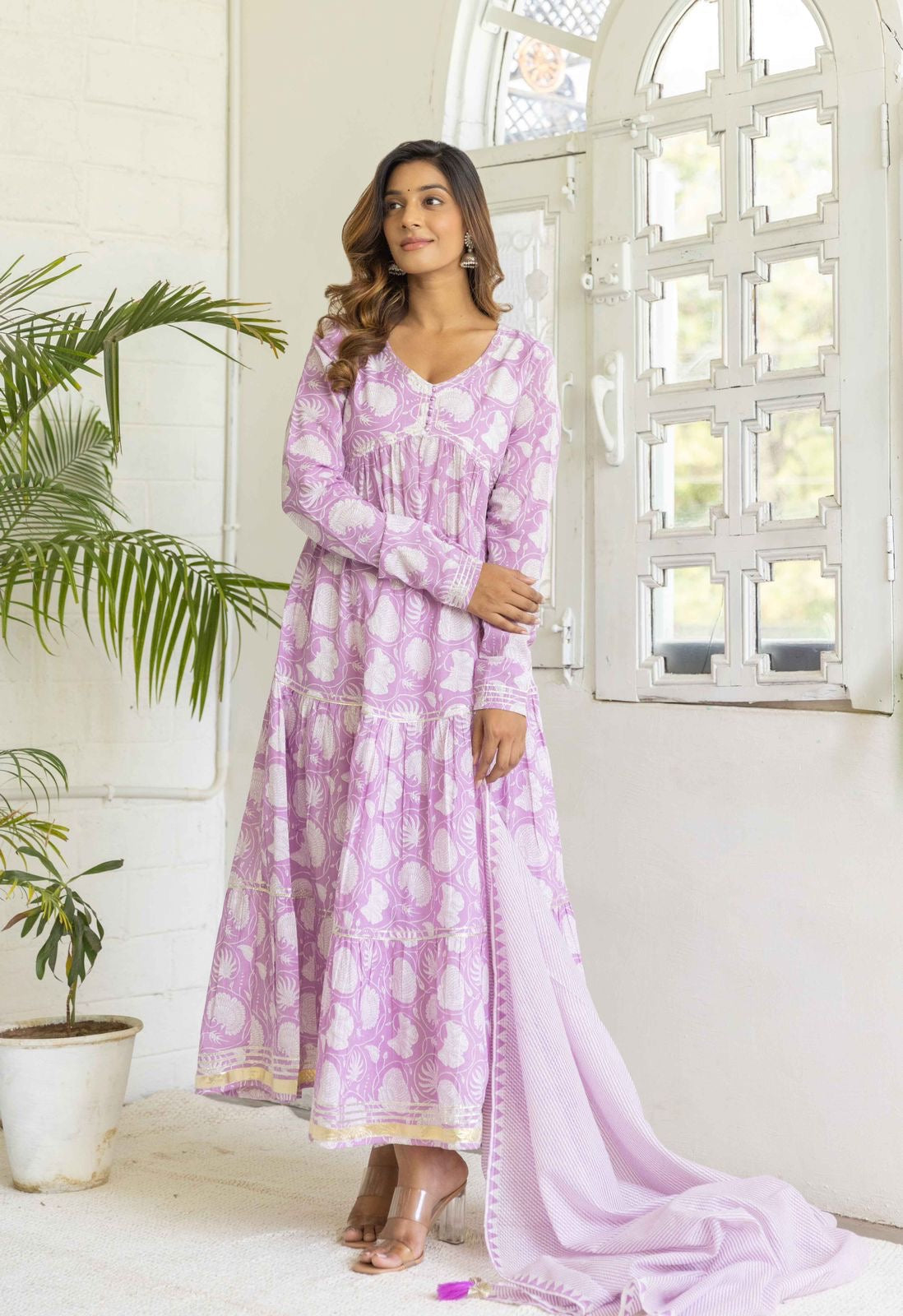 Preety green / purple cotton  layed anarkali