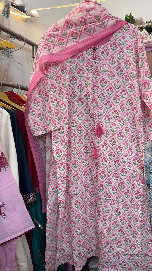Pink cotton block kota doria dupatta suit