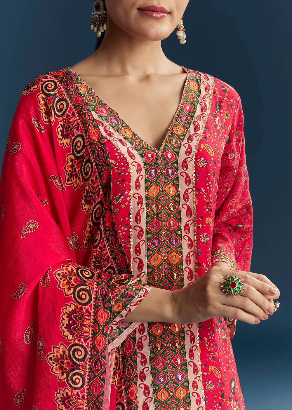 Red Mughal print crepe suit