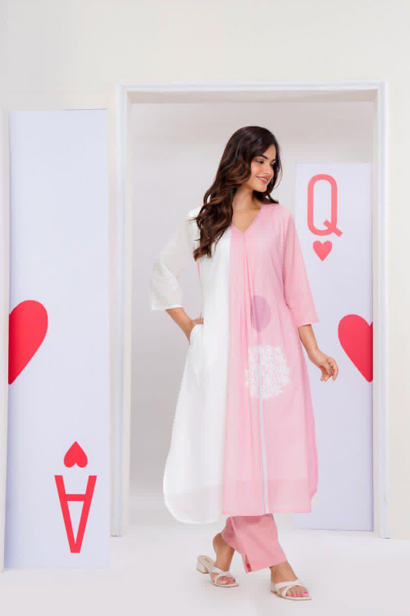 Baby pink premium cotton kurta pant set with lining