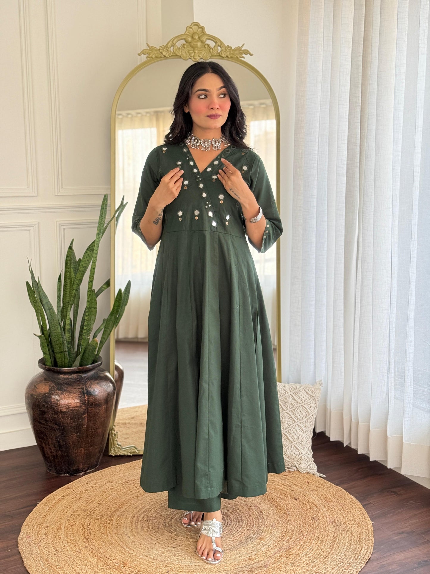 Bottle green Real mirror Anarkali