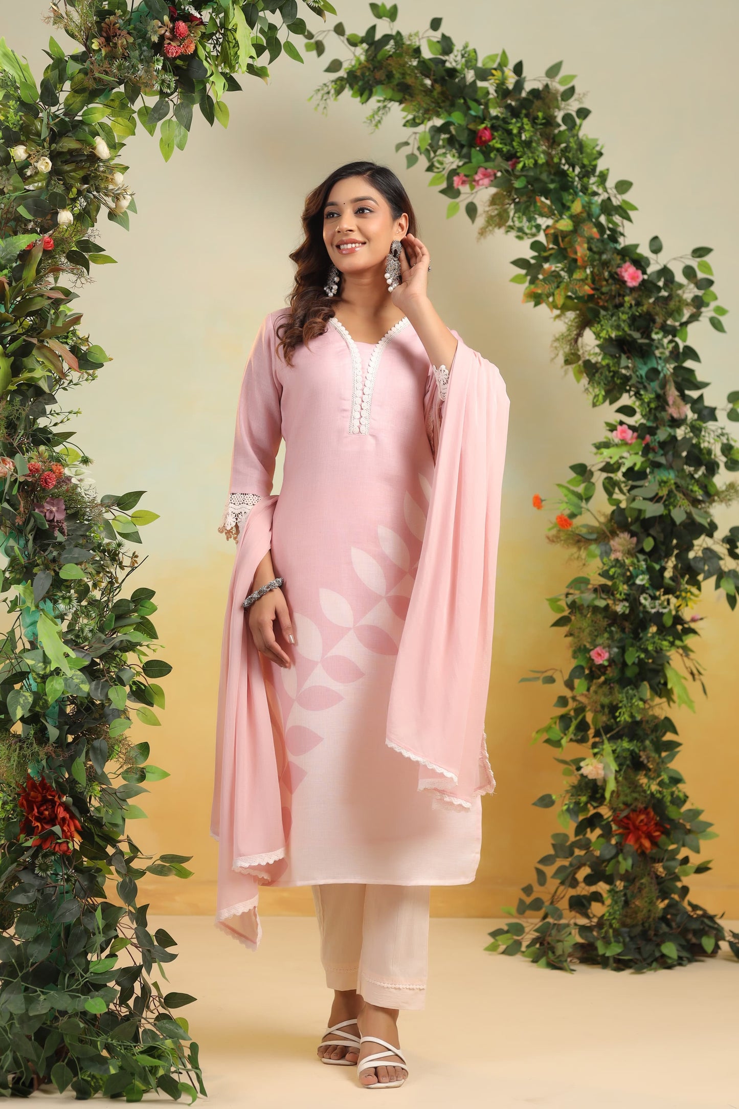 Peach pink leaf linen cotton