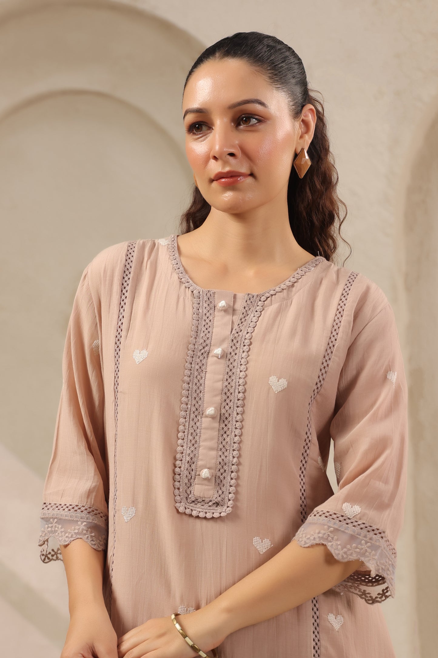 Heart Ivory pink mul chandari co ord set