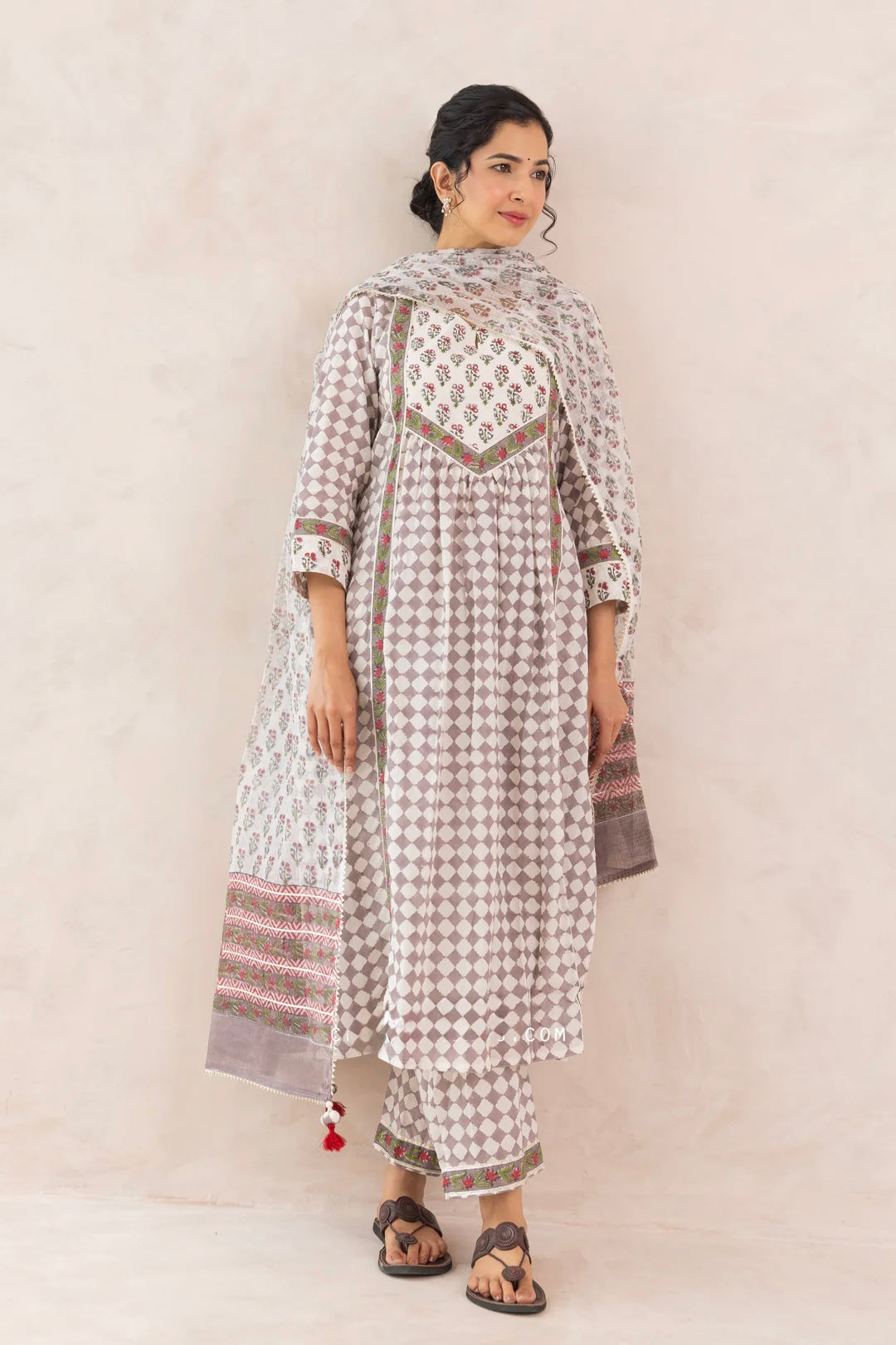 Grey COTTON BLOCK PRINT CHECKS FRONT GATHER KURTA SET