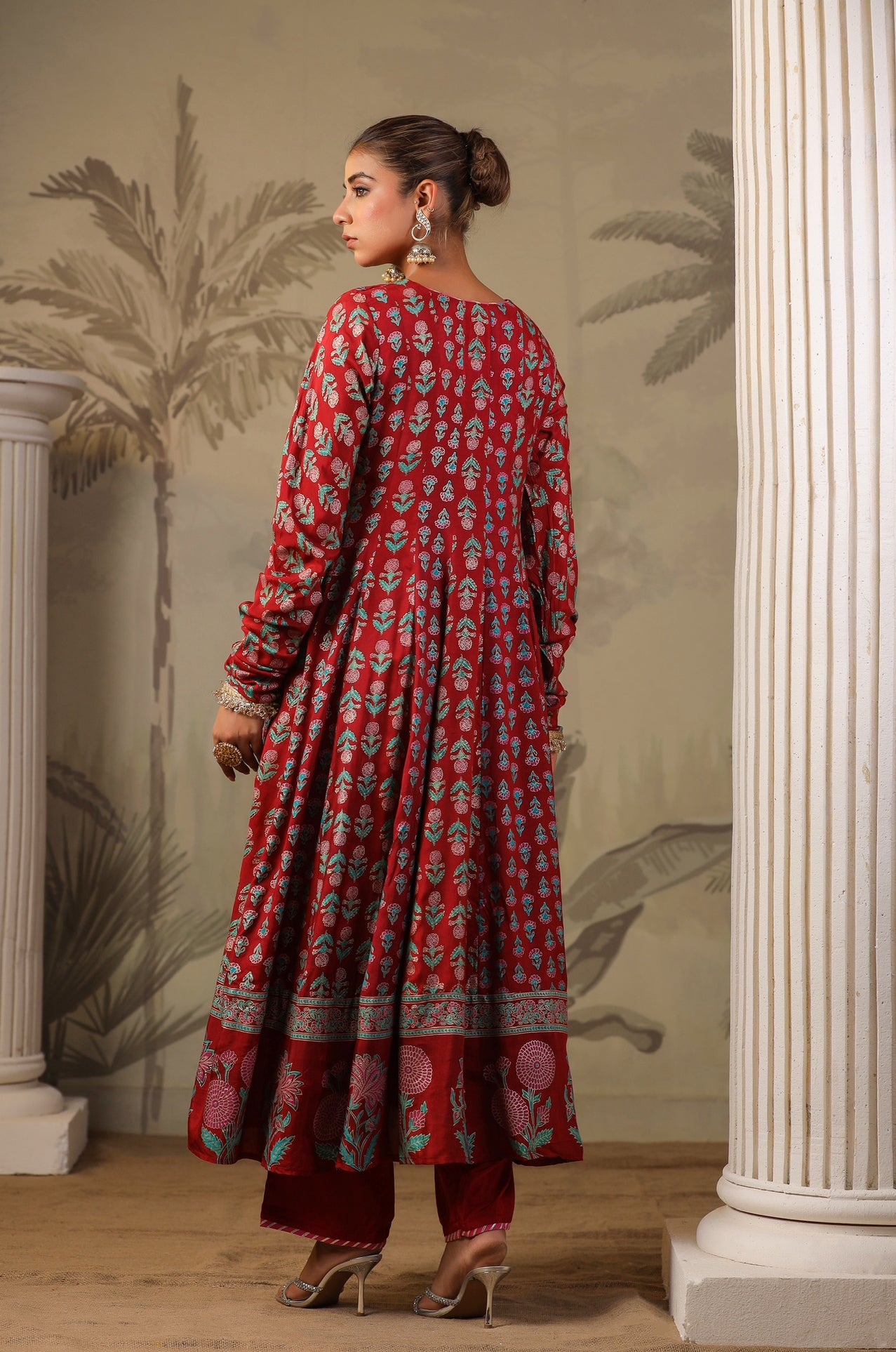 Red Block Print Mughal Print  Anarkali