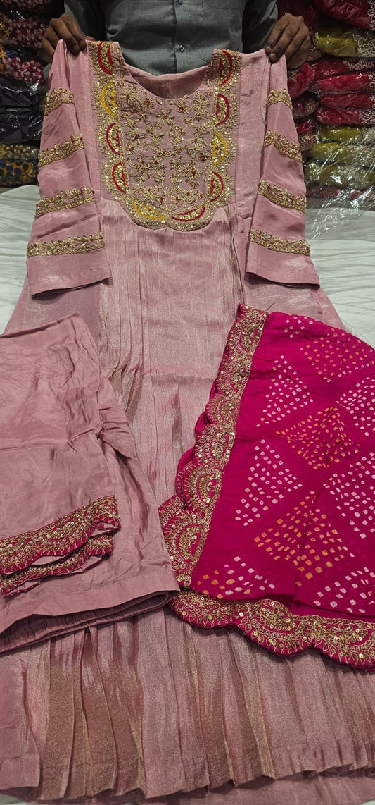 Pink Handworked Pleated Anarkali Set with Bandhani Dupatta