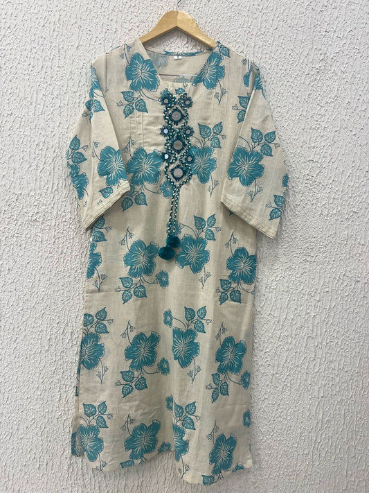 Cotton Rama blue real mirror kurta pant