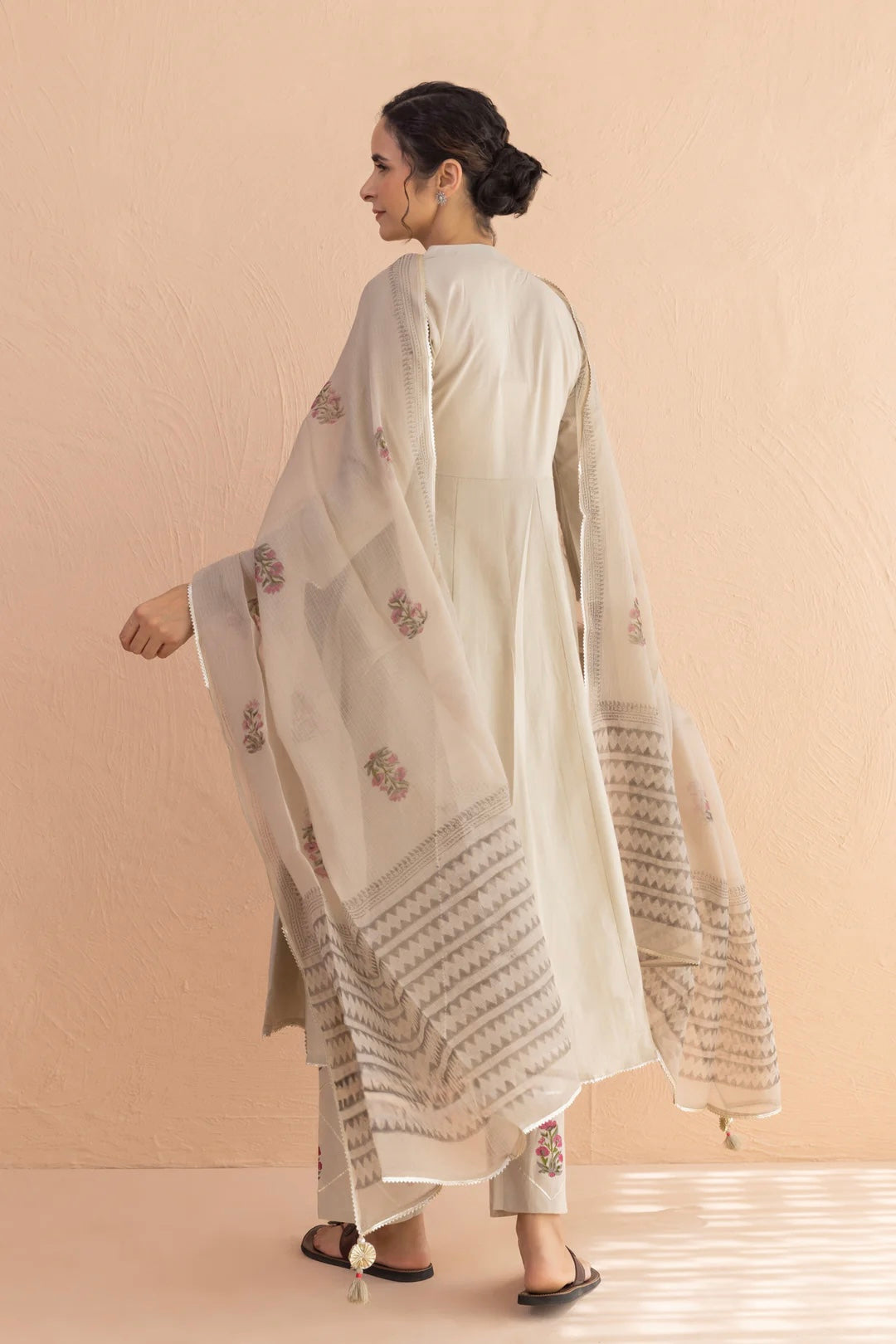 COTTON BLOCK PRINT MATKA ANARKALI KURTA SET IN MUSHROOM