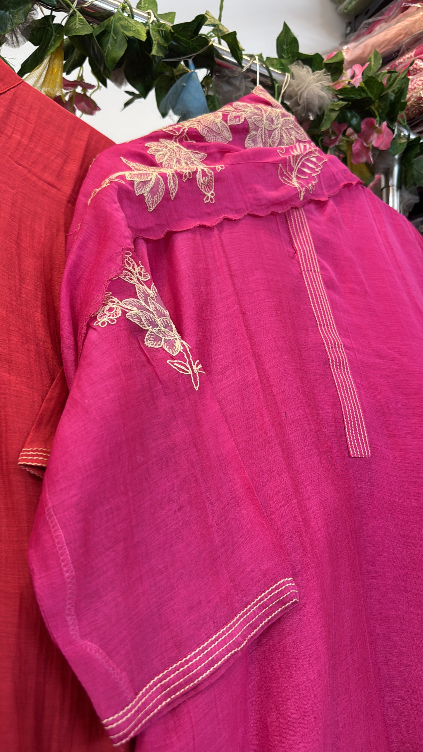 Embroidery pure mul chandari standing collar suit