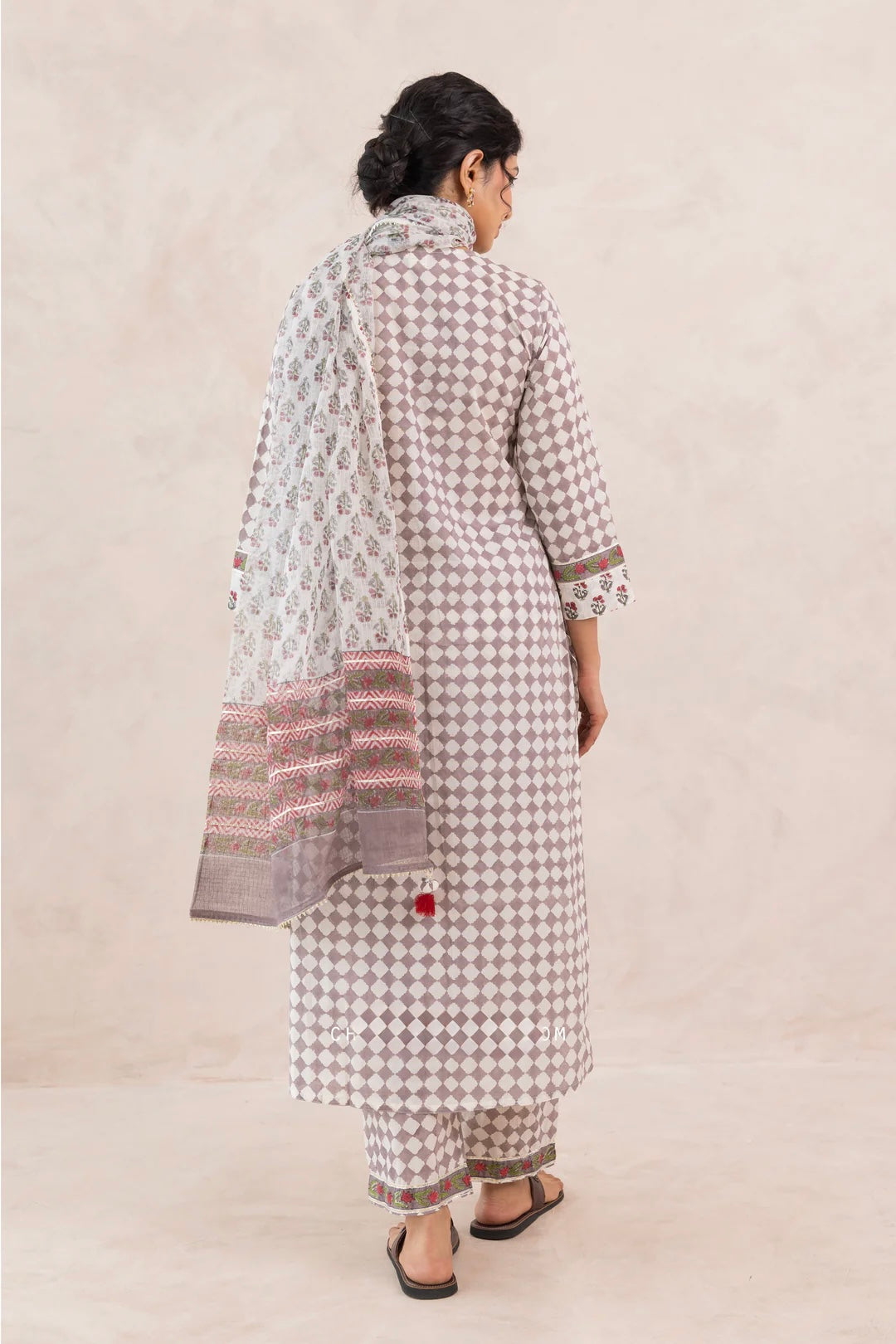 Grey COTTON BLOCK PRINT CHECKS FRONT GATHER KURTA SET