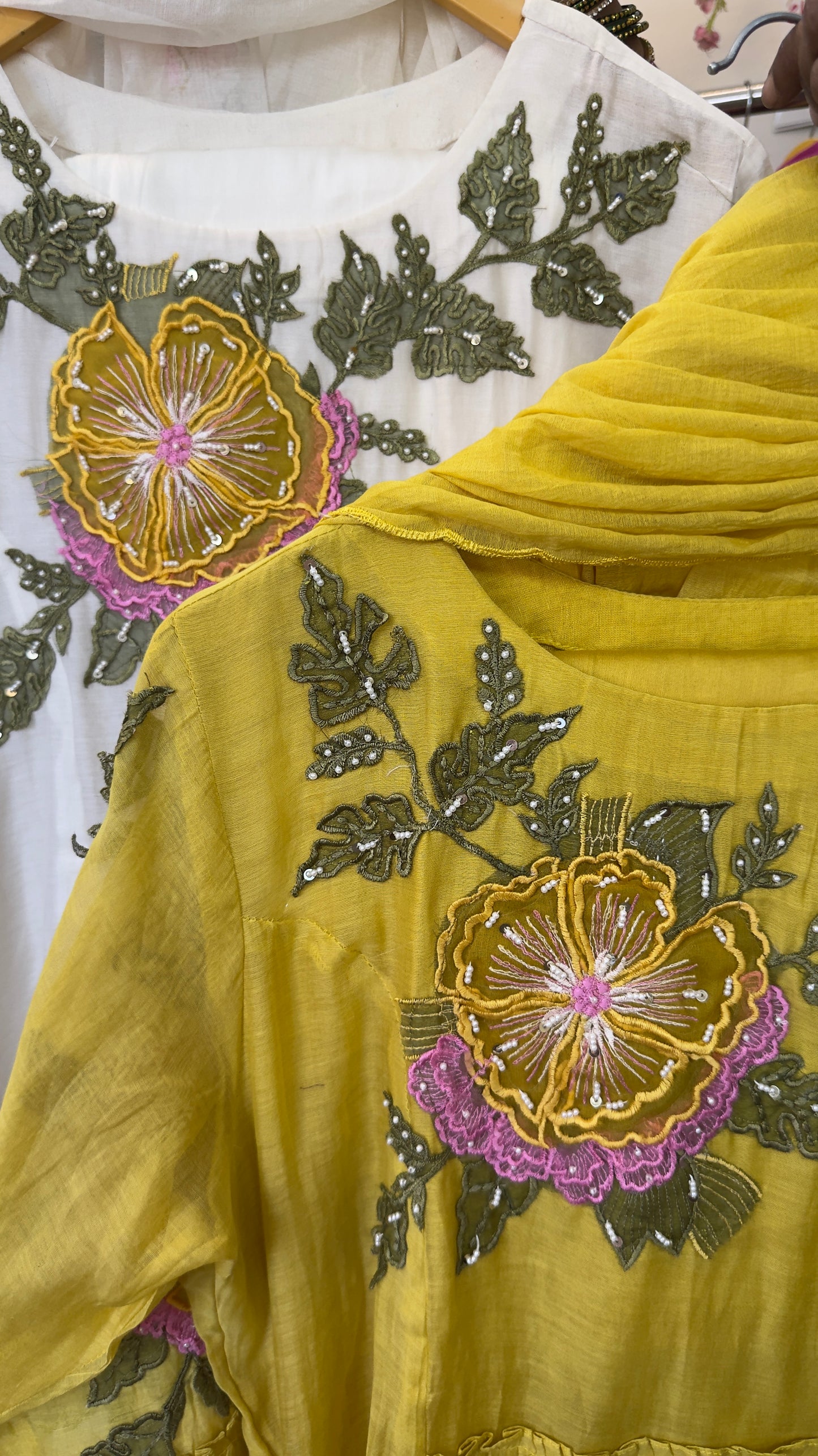 Summery mul chandari Anarkali with appliqué detailing in dup with cotton silk pants