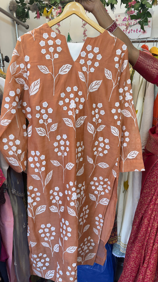Orange brown  appliqué mul chandari kurta with cotton lining and Santoon pants
