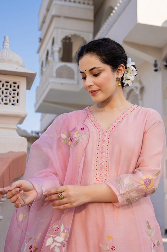 Onion pink Mul Chanderi embroidered Aline Kurti with pants and dupatt