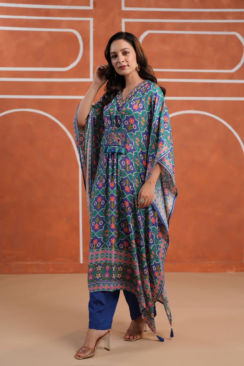 Blue Patola muslin silk kaftan pants with real mirror handwork detailing