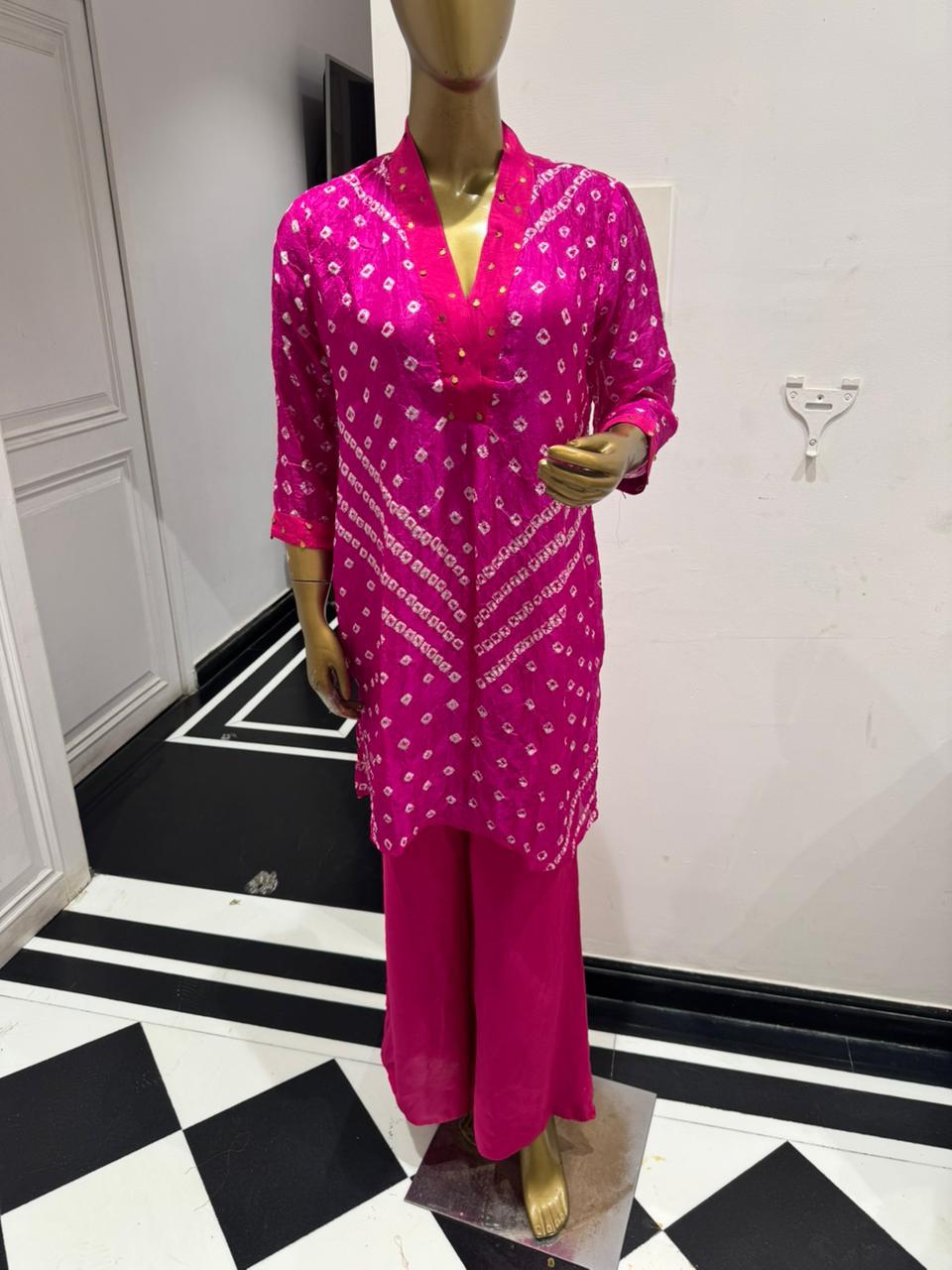 Pink Bandhani muslin silk coord set