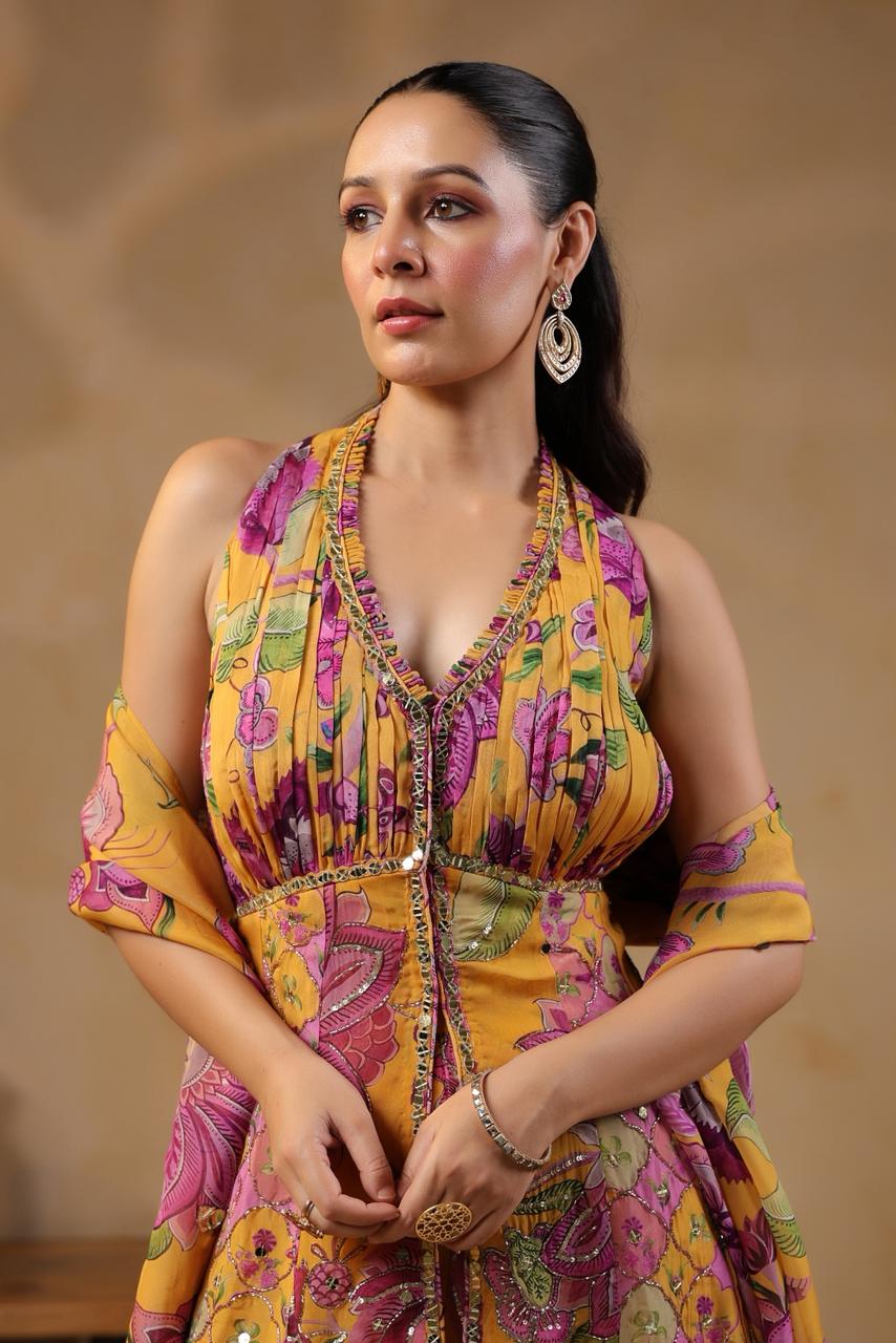 Mustard Georgette Floral Printed Mirror Embellished Suit Set