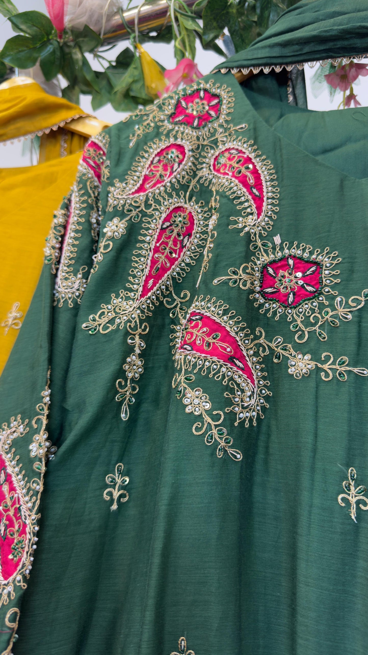 Silk appliqué Aline suit with mul chandari Dupatta and cotton silk pants