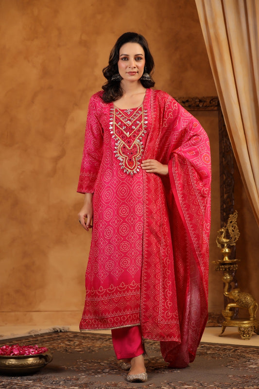 Pink silk bhandhani suit