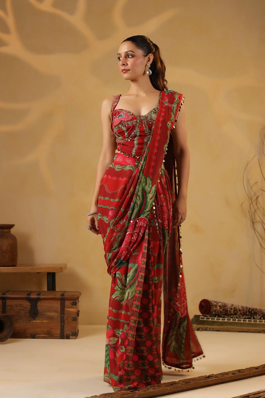 Ready-to-Wear Red Georgette Saree and Embroidered Blouse