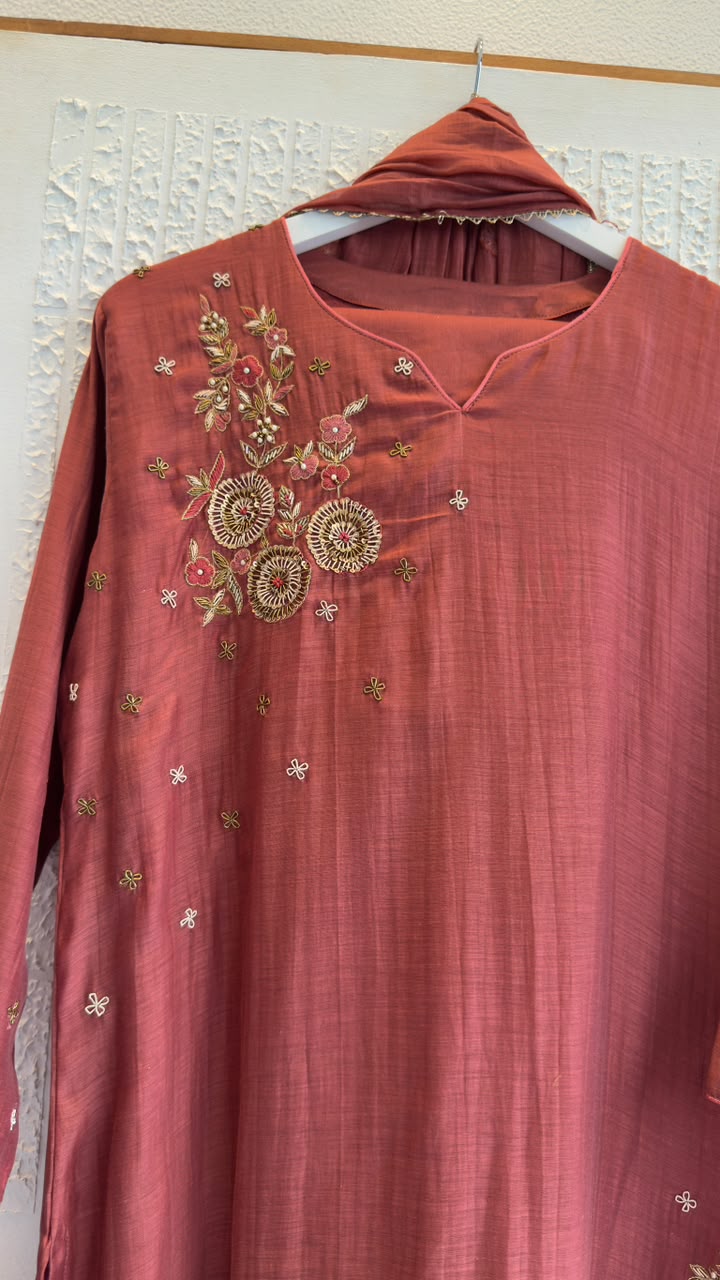 Beautiful mul chandari straight kurta pant set with zardozi handwork