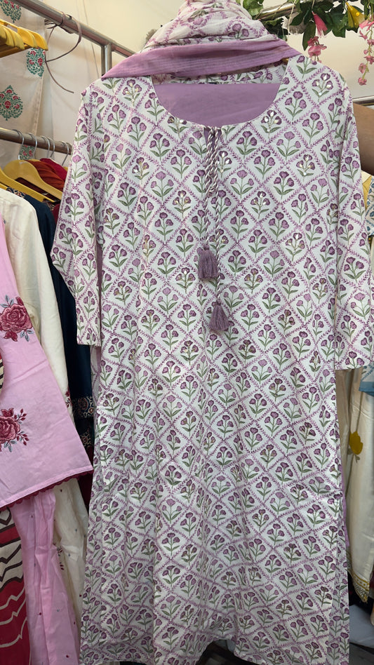 Purple cotton block kota doria dupatta suit