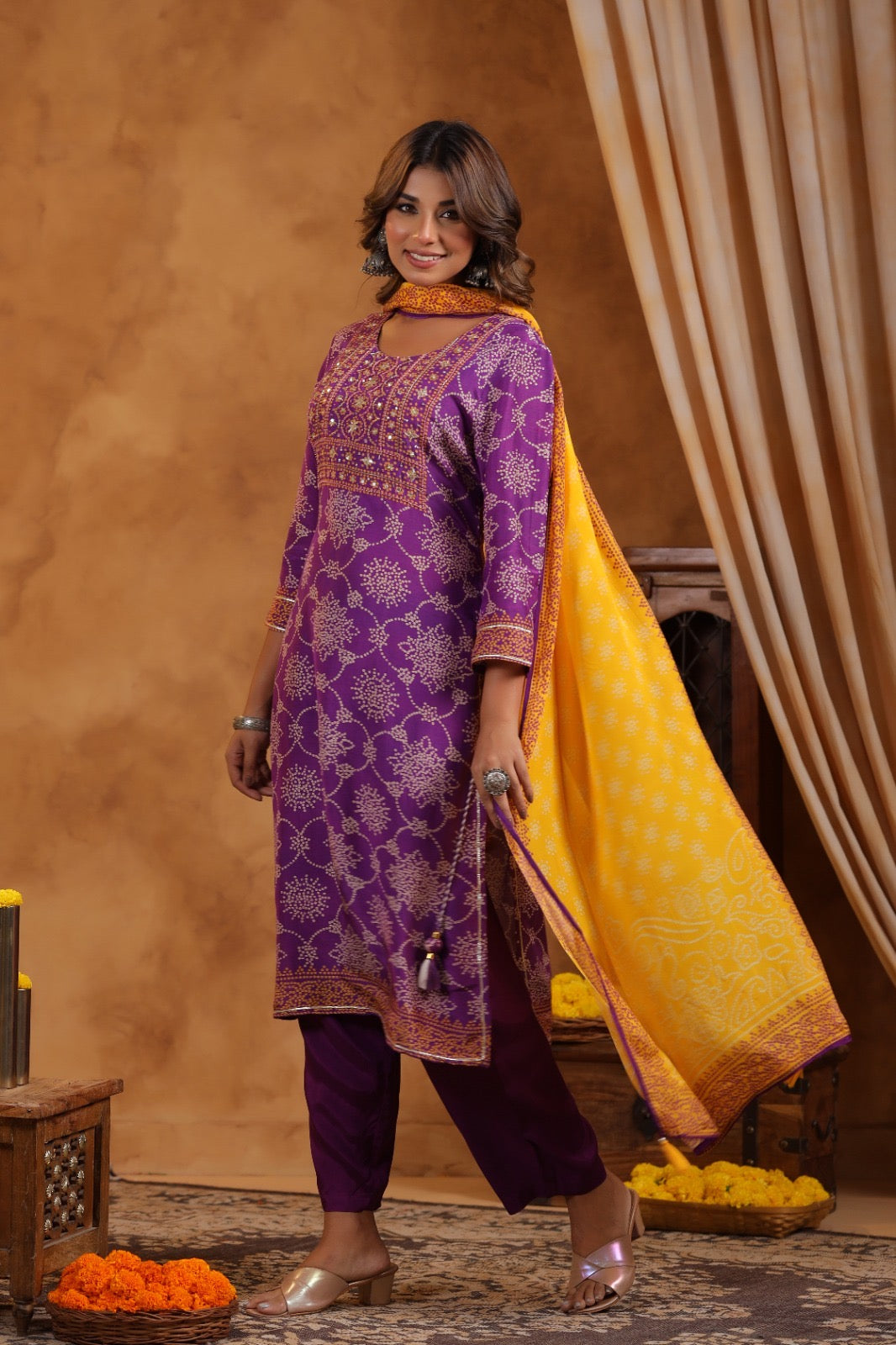 Purple Bandhani mul silk suit