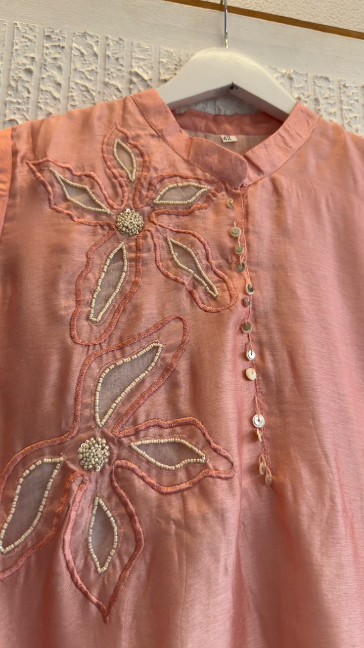 Appliqué premium silk kurta pant set with pearl work