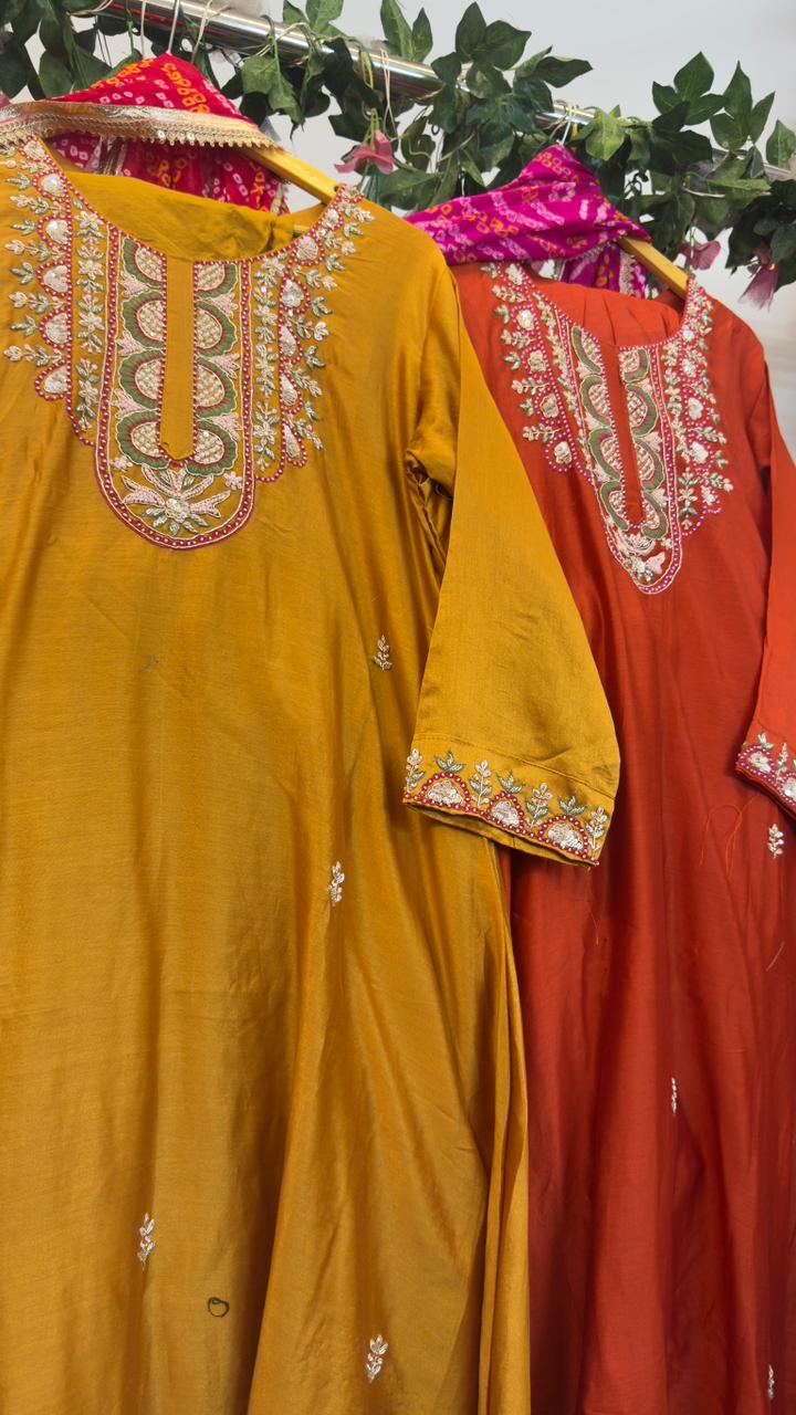 Pure silk Anarkali with Geogatte Bandhani dup & staright pants