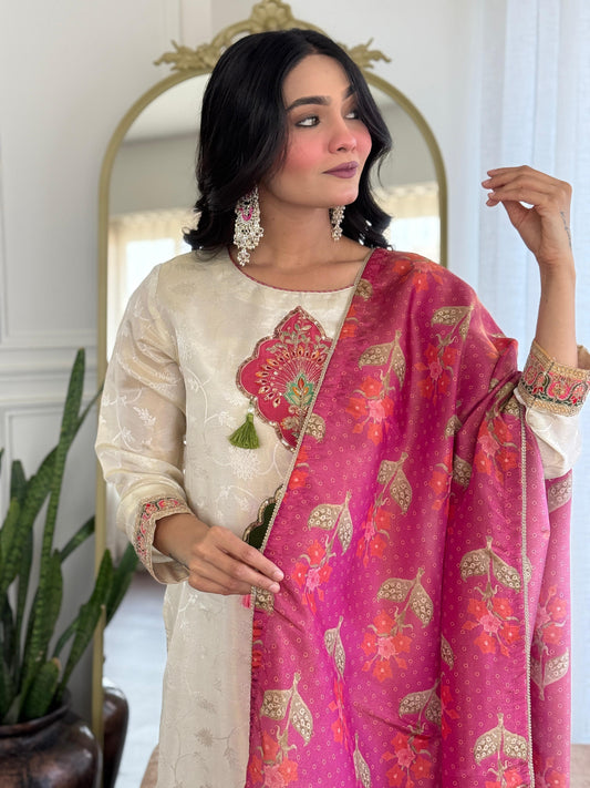 Creamy soft tissue suit with appliqué detailing yoke and printed tissue Dupatta
