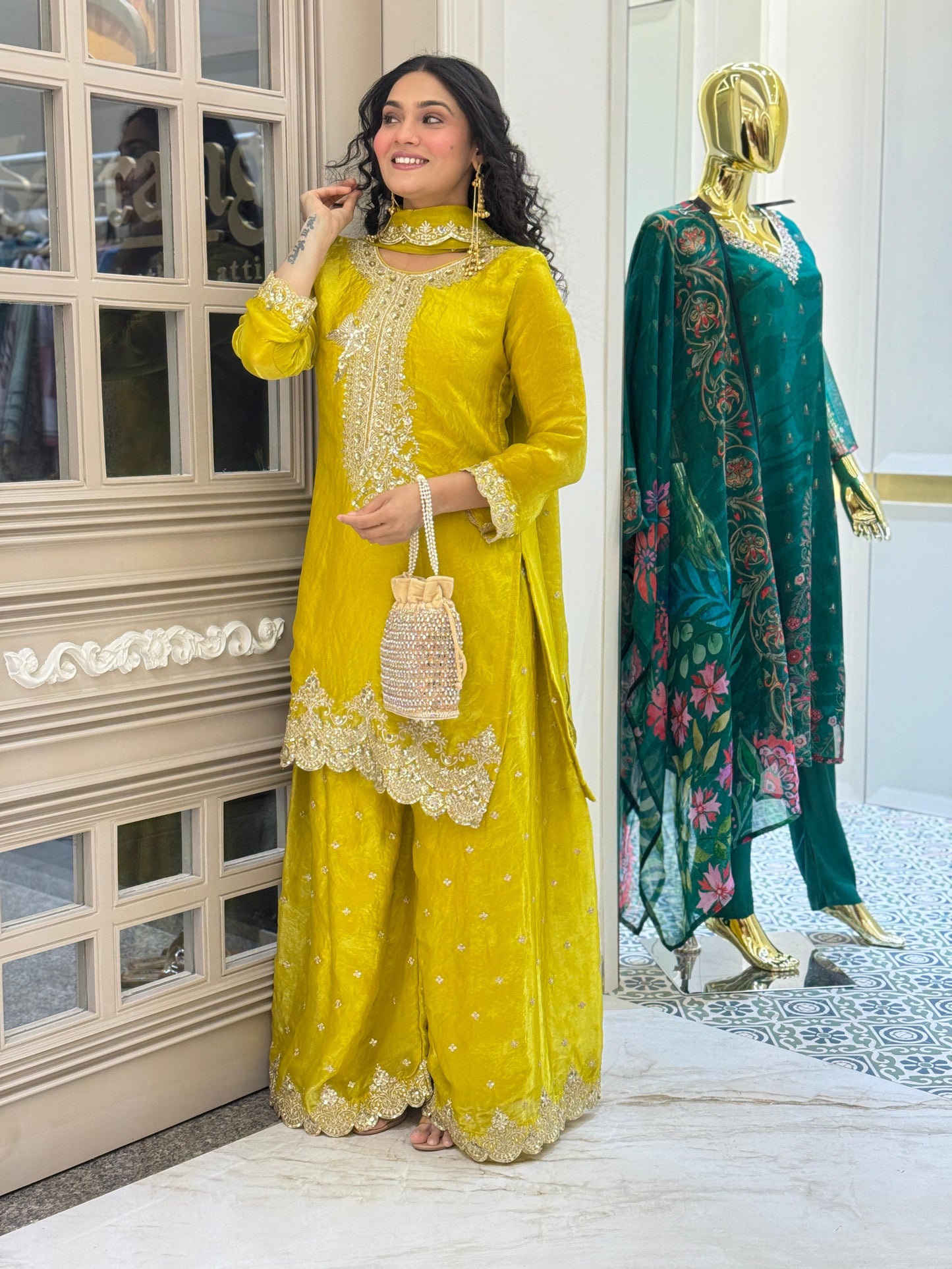 Yellow glass tissue sharara set
