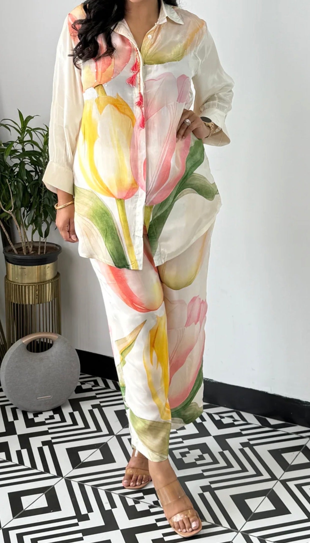 Off white floral crepe co ord set