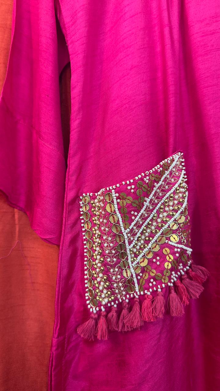 Traditional with fusion pocket work silk kurta pant set