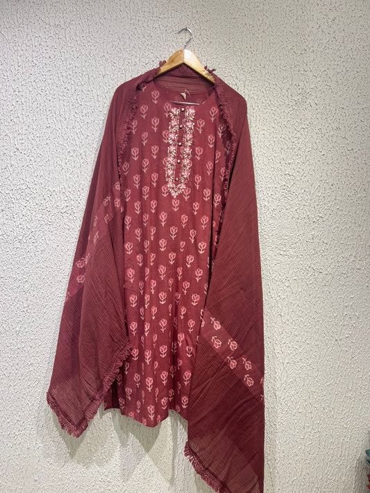 Hand block wine cotton suit