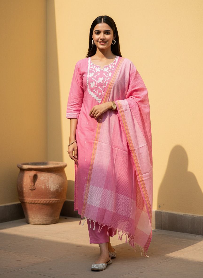 Pink pure cotton Jamdani 3 pc suit