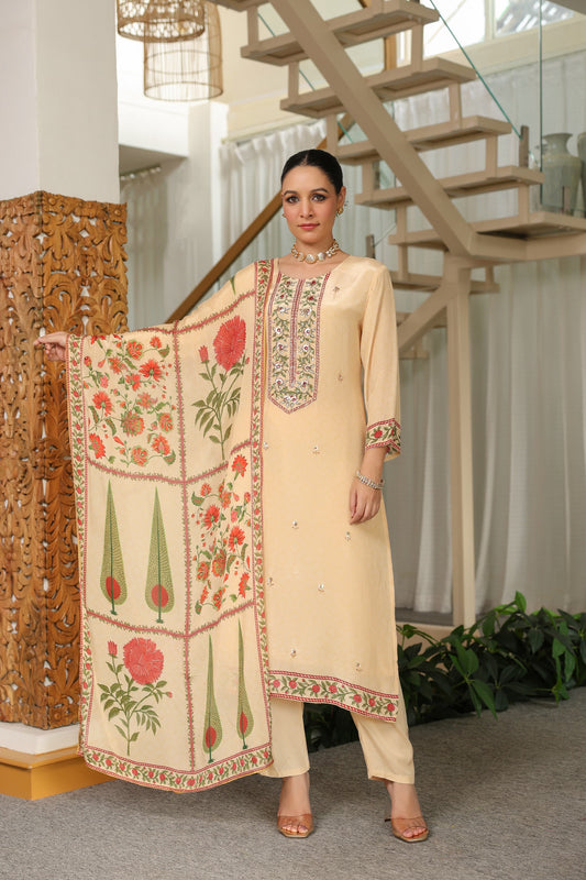 Ivory pure crepe suit with chiffon Dupatta and muslin pants