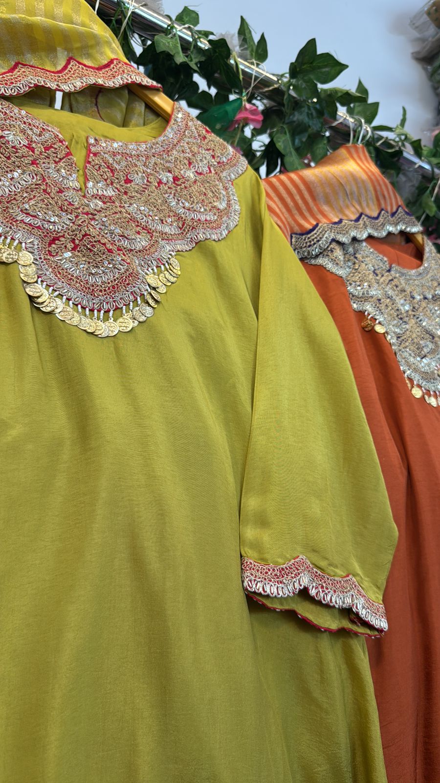 Neck line hand work silk Aline suit