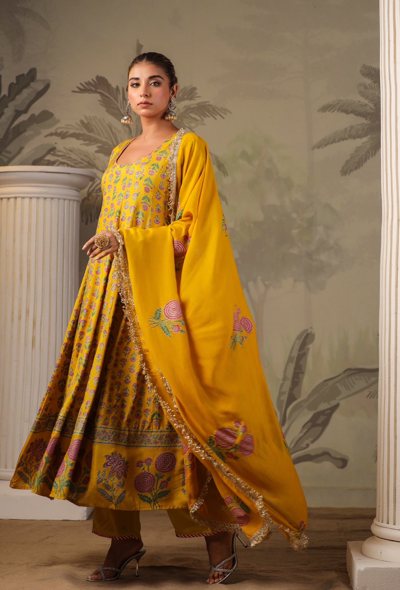 Yellow Block Print Mughal Print  Anarkali Suit