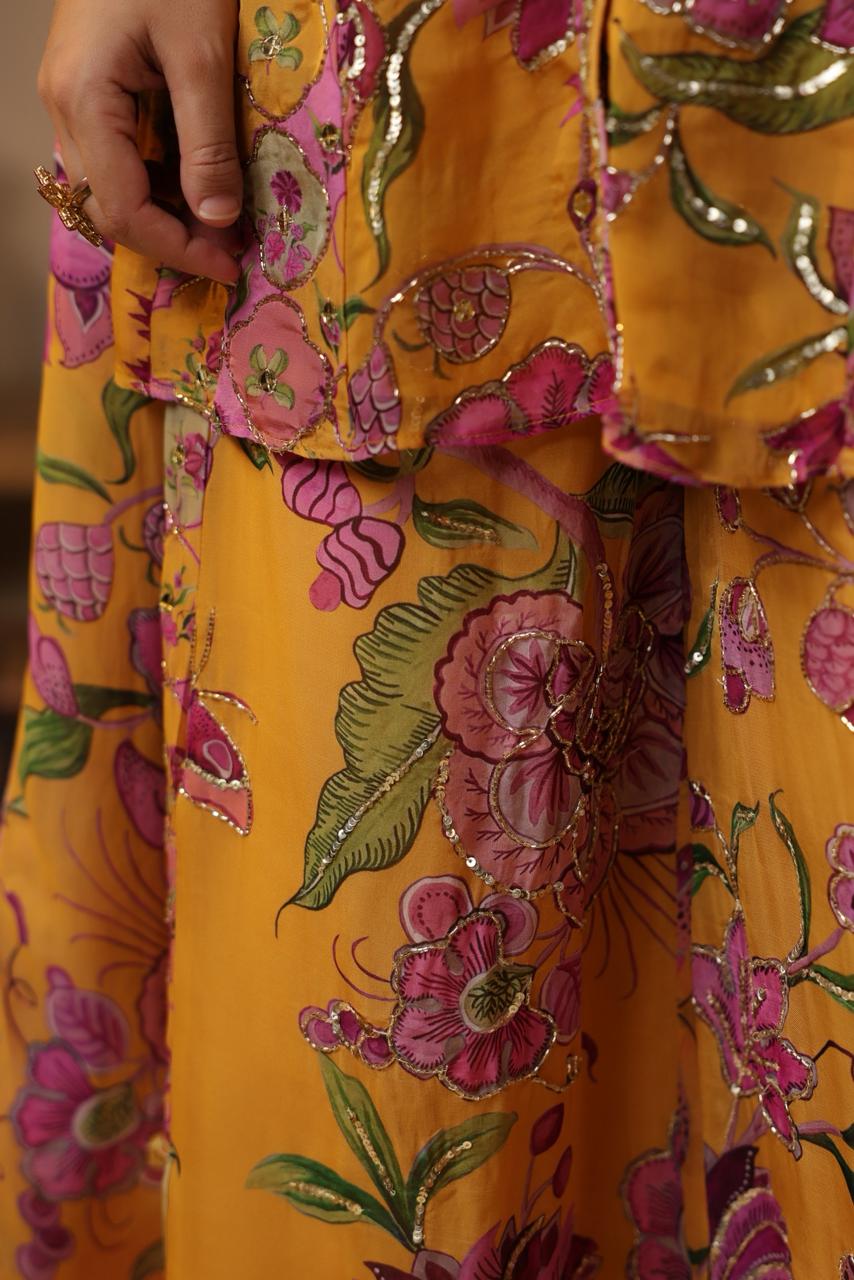 Mustard Georgette Floral Printed Mirror Embellished Suit Set