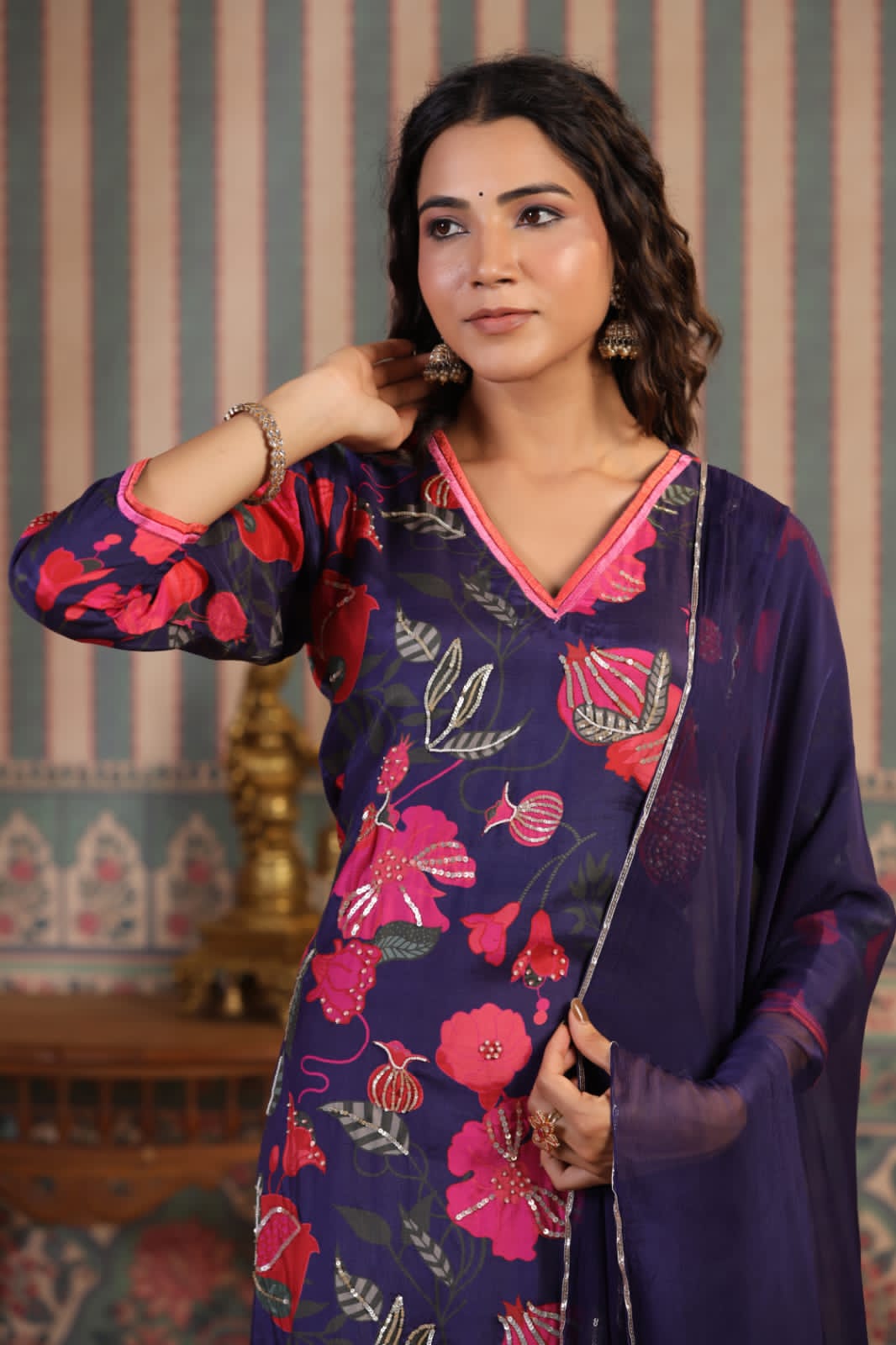 Muslin silk orangy & purple suit