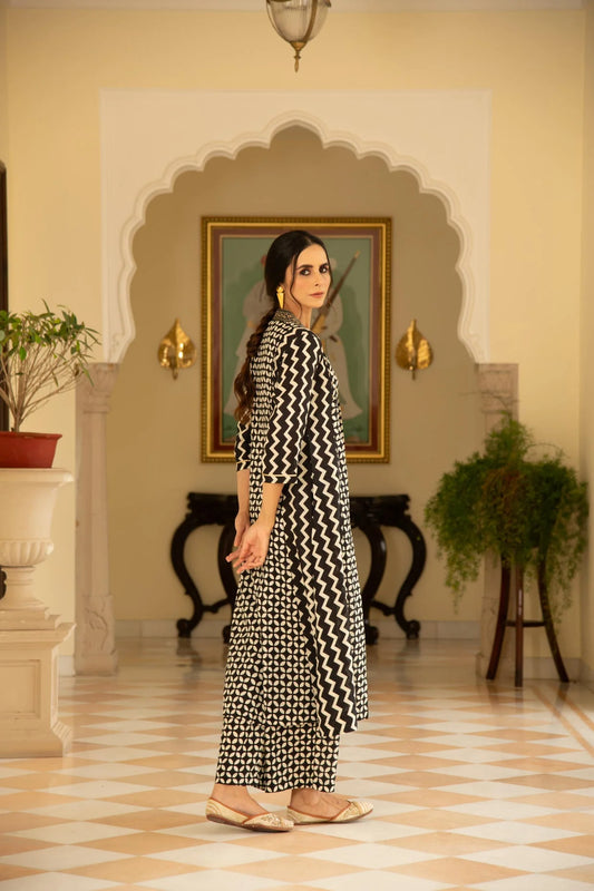 Monochromatic black A-Line Embroidered Kurta Pant Indian Co ord