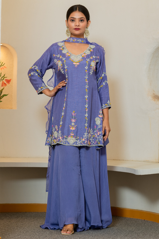 Silk Hand Embroidered Sharara Set