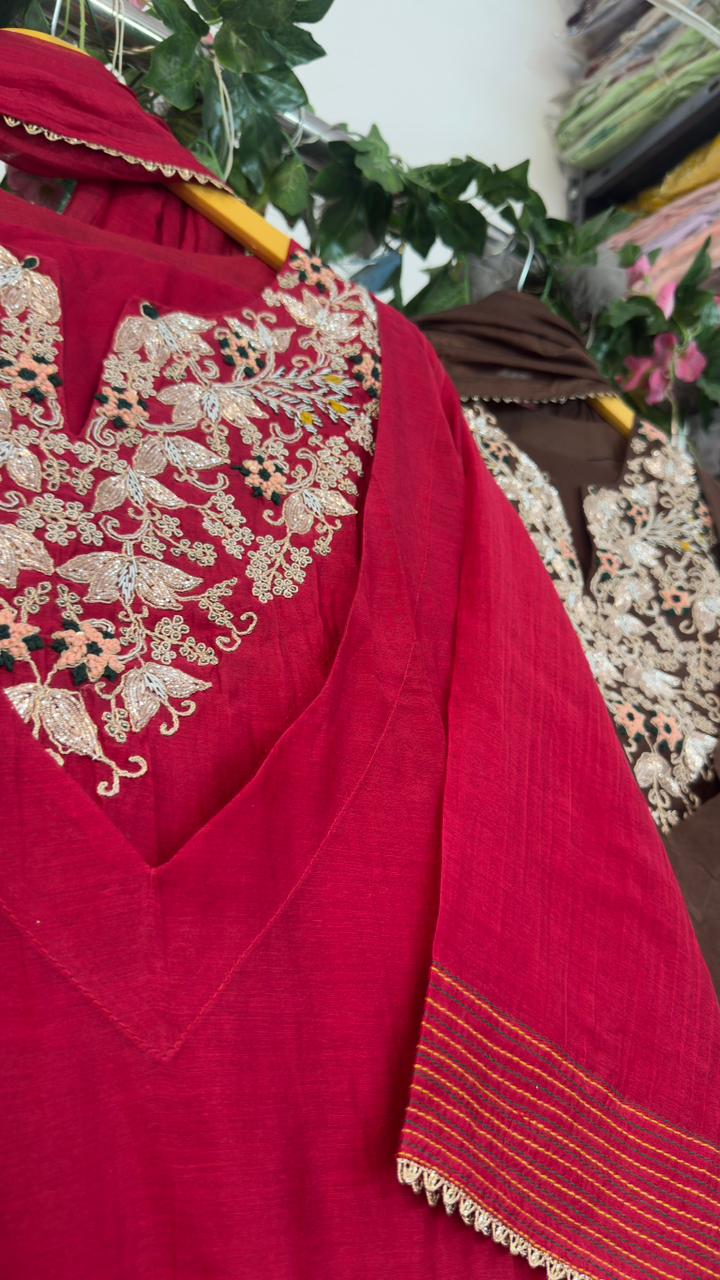 Double layer neck with heavy handwork on yoke in mul chandari Aline suit