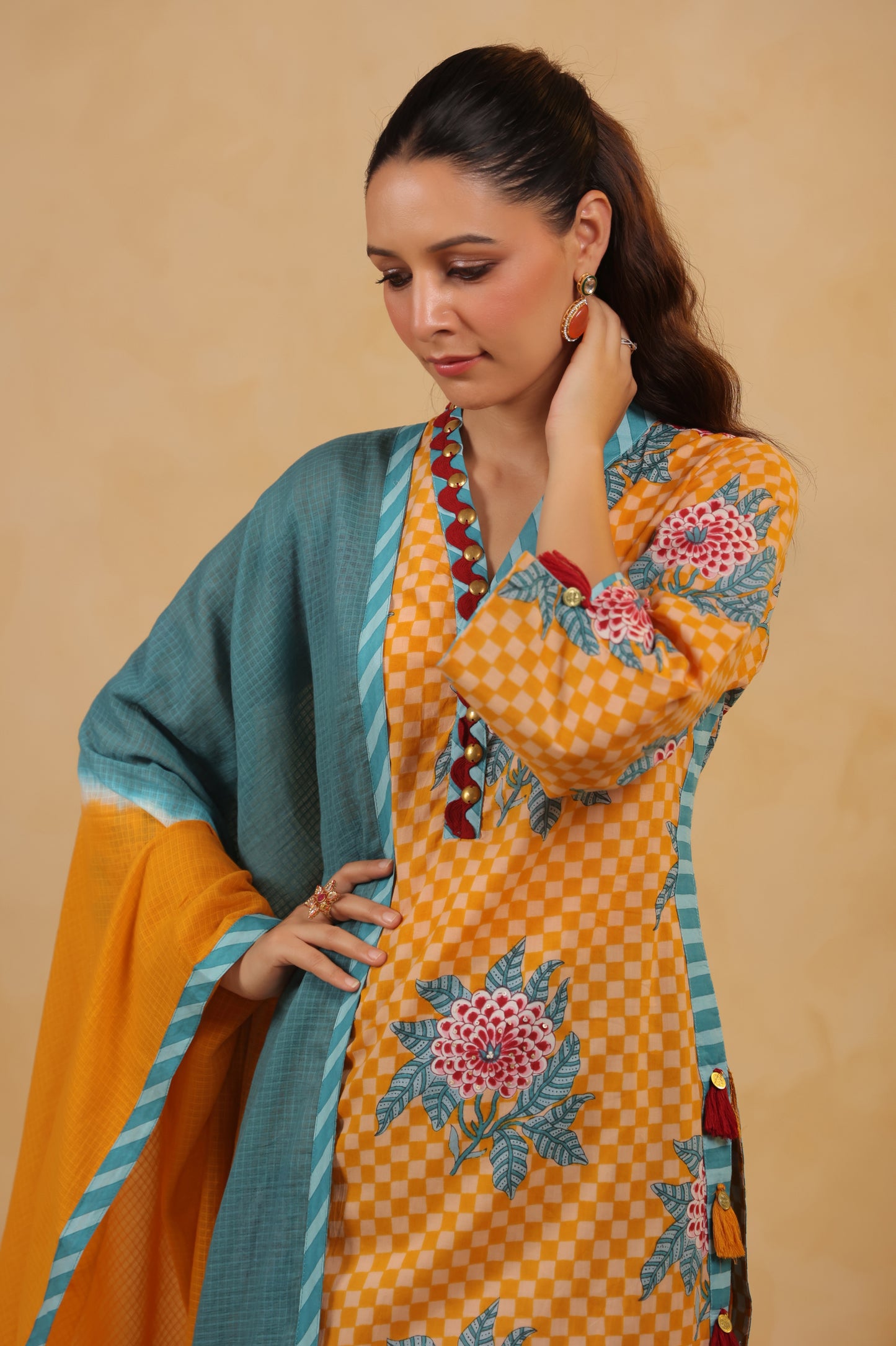 Yellow  Gomertical cotton premium suit with beautiful detailing & kota doria dupatta