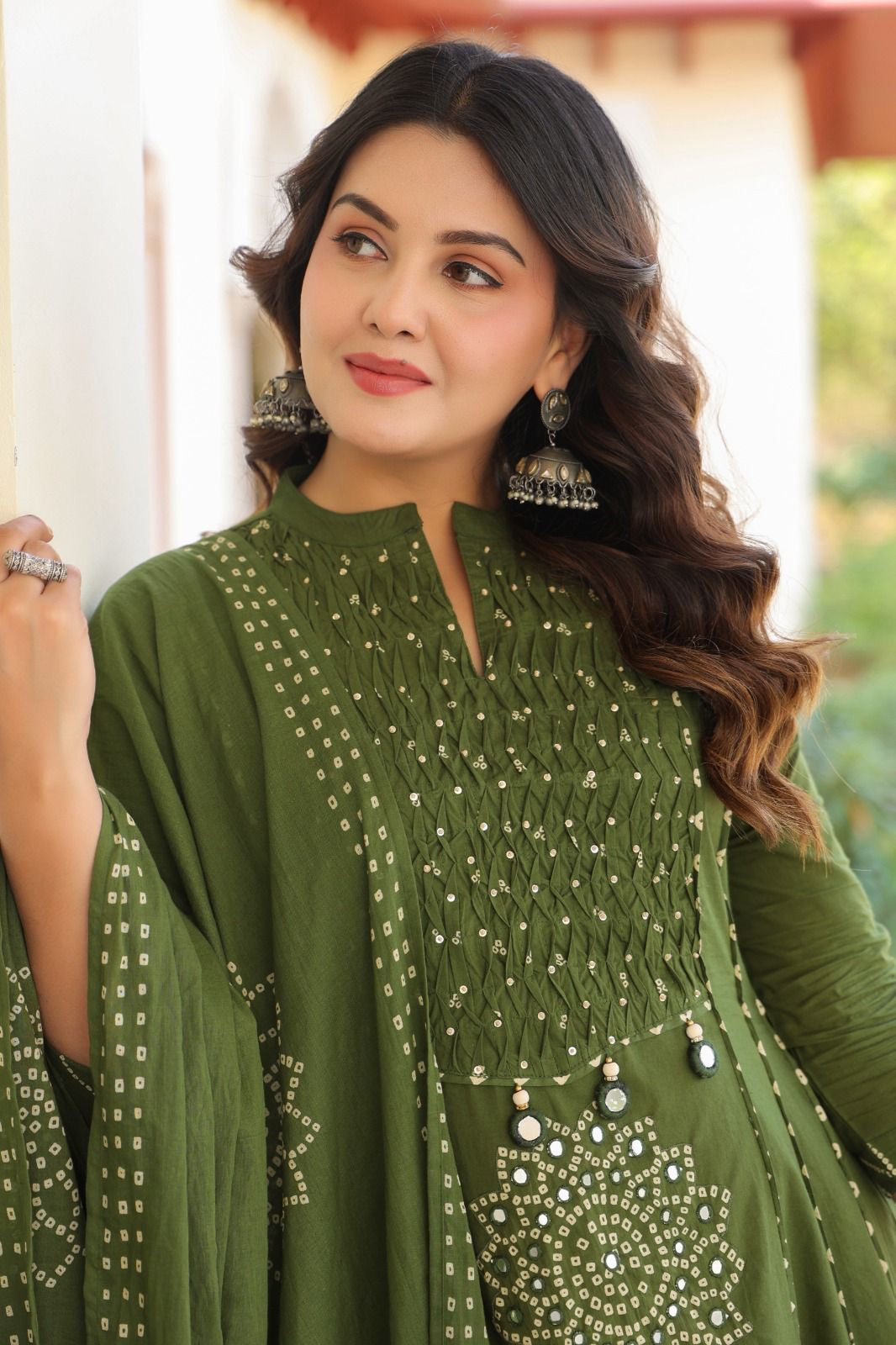 Mehendi green cotton Bandhani real mirror work detailing